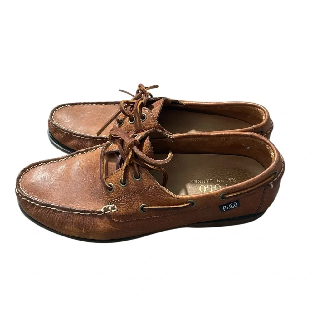 E4- Polo by Ralph Lauren Men's Tan Leather Boat Shoes 10.5D style - Bienne